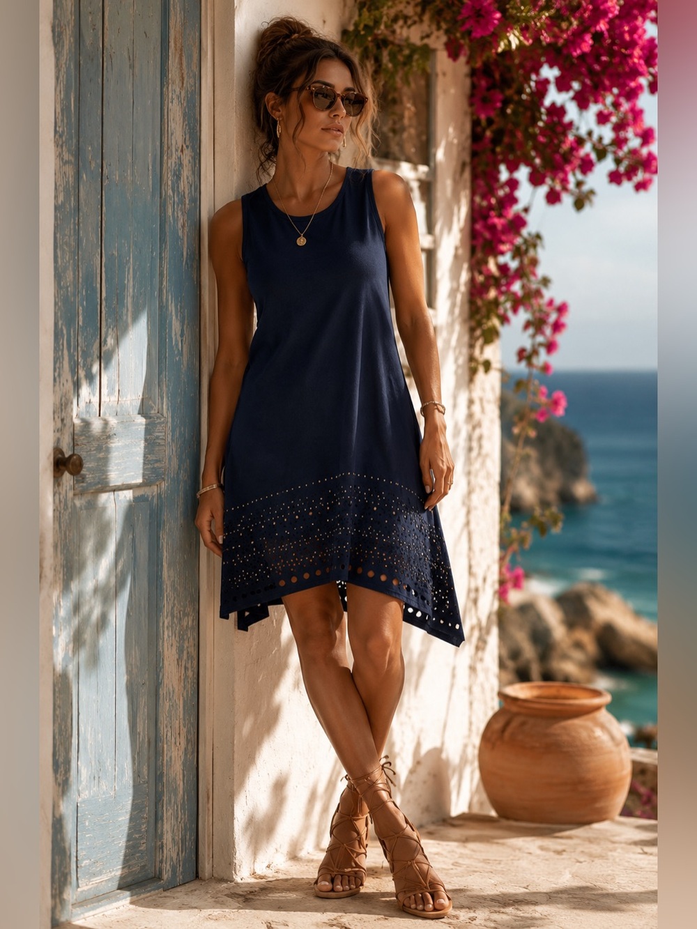 NEON BUDDHA Heartbeat Navy Studded Eyelet Asymmetrical Shift Dress L Lagenlook - Picture 7 of 16